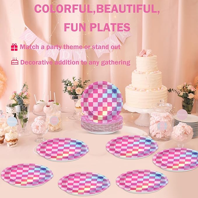50PCS Pink and Iridescent Checkered Party Plates for Iridescent Party Decorations 7 Inches Laser Round Paper Plates Foil Dessert Plate for Girl Birthday Wedding Baby Shower Parties Supplies