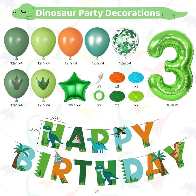 Amandir Dinosaur 3rd Birthday Party Decorations for Boys Girl, Foil Green Star Number 3 Dinosaur Balloons with Happy Birthday Banner Hanging Swirls for Three Rex Dino Baby Shower Kids Party Supplies