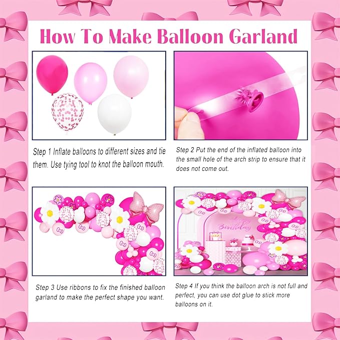126 Pcs Pink balloon garland Arch Kit, Hot Pink Rose Red Balloons for Cartoon Cat Themed Birthday Party Decorations Girls Kids Gatherings Party Supplies