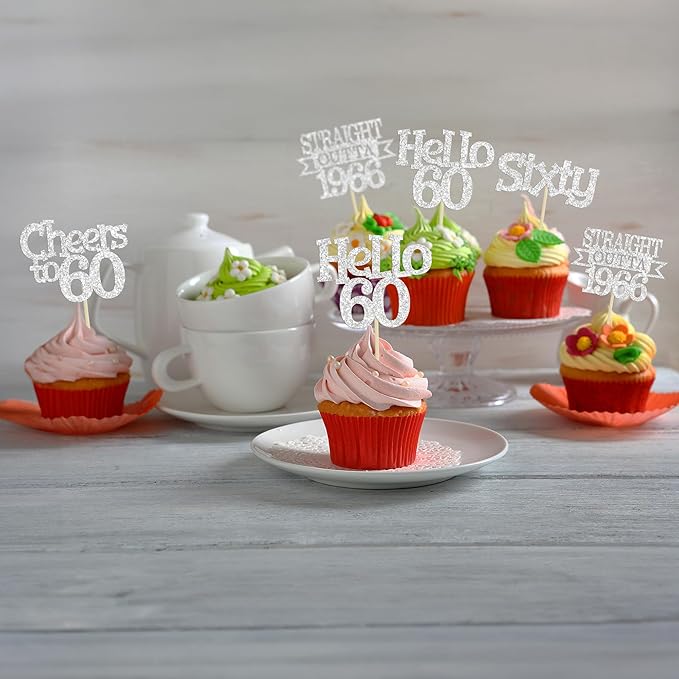 Ephlyn 24Pcs Happy 60th Birthday Cupcake Toppers Glitter Straight Outta 1966 Cupcake Picks Hello 60 Cheers to 60 Years Birthday Cake Decorations for 60th Birthday Anniversary Party Supplies Silver