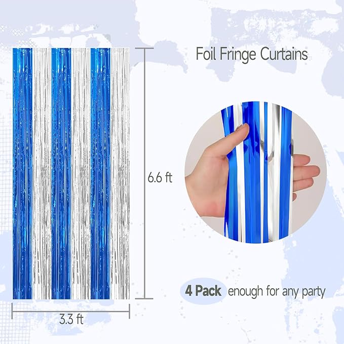 4 Pack Blue and Silver Foil Fringe Curtains Photo Booth Prop Tinsel Streamer Backdrops, Birthday Party Supplies Xmas Holiday Graduation Party Decorations Decor, 3.3x6.6 ft