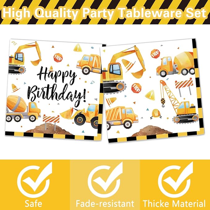 Oigco Construction Birthday Party Supplies Construction Theme Decorations Includes Plates, Cups, Napkins, Cutlery, Perfect for Boys Kids Birthday Party, Serves 24 Guests
