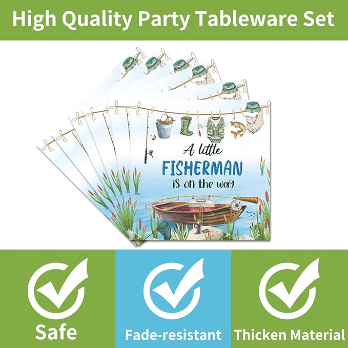 96PCS Fishing Baby Shower Plates and Napkins Party Supplies Fishing Baby Shower Decorations A Little Fisherman is on the Way Gone Fish Party Decorations Disposable Tableware Set Serve 24 Guests