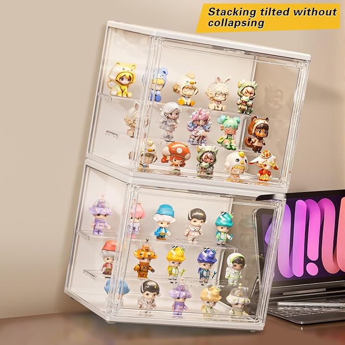 Acrylic Display Case with Light, Clear Showcase with Adjustable Shelf Risers, Stackable Storage Bins for Collectibles, Action Figure, Popmart (L-3 Pack)