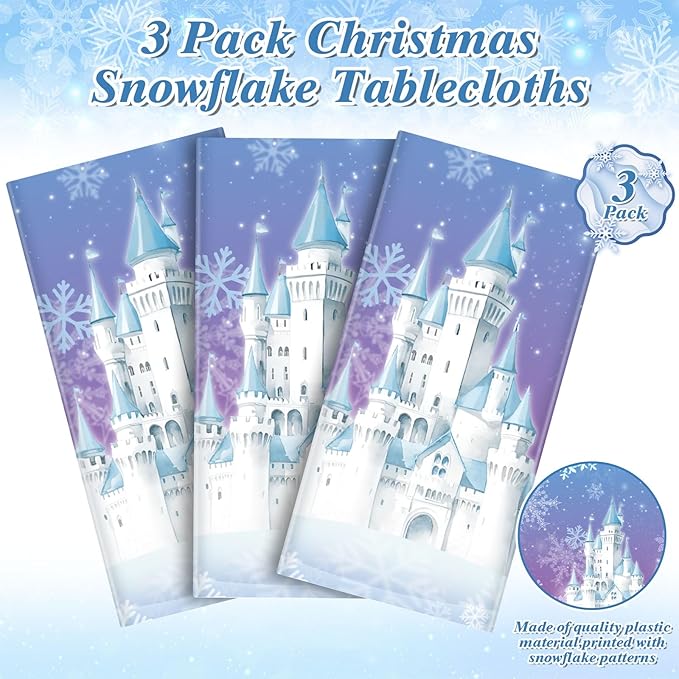 3 Pack Frozen Tablecloth, 54 x 108 Inch Snowflake Plastic Tablecloths Blue and Purple Snowflakes Table Cover, Winter Wonderland Table Cloth for Holiday Frozen Birthday Party Supplies