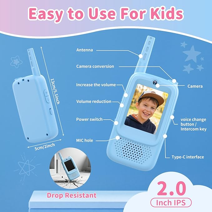 Video Walkie Talkies for Kids, 2 Pack Rechargeable Video Intercom Kids Walkies Talkies with Camera, Indoor Outdoor Toys for Family Games, Garden, Camping, Hiking, Gifts for Boys Girls Ages 3-12, Blue
