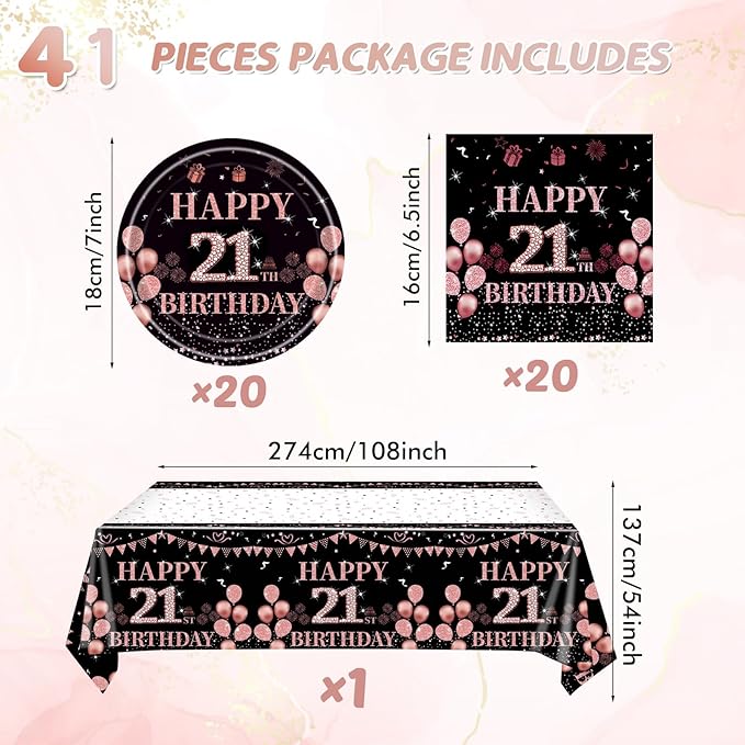 41Pcs 21st Birthday Tableware Decorations for Women Girls Rose Gold Happy 21 Birthday Party Supplies for Her Includes Tablecloth,Plates,Napkins for Sweet Girls 21st Birthday Party
