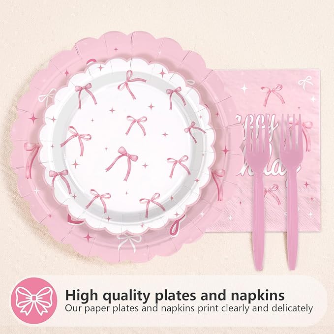 96Pcs Pink Bow Party Supplies Coquette 18th Birthday Party Plates and Napkins Disposable Bow Themed Tableware Set for Girl Happy 18th Birthday Baby Shower Decorations, Serves 24
