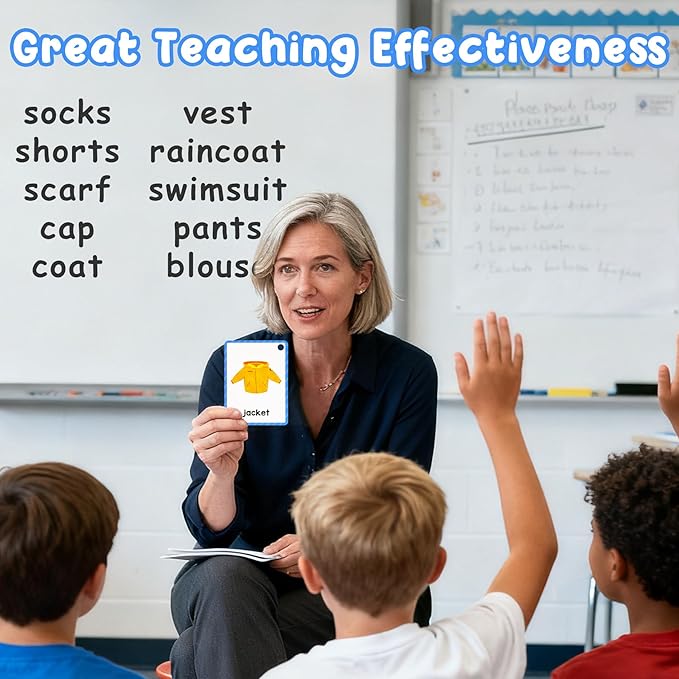Learning Flashcards Clothes, 28 Different Clothes Educational Cards, Social Learning Card for Kids