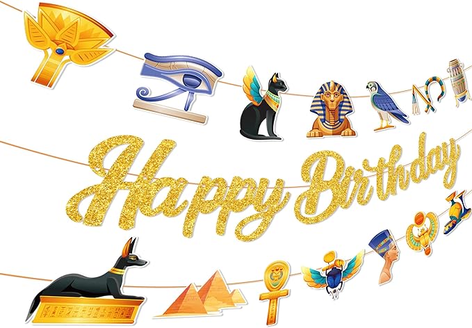 CC HOME 3Pcs Ancient Egyptian Happy Birthday Banner Pharaoh Party Hanging Banner Mythology Theme Birthday Bridal Wedding Baby Shower Boys Girls Kids Home Classroom Party Supplies Decoration