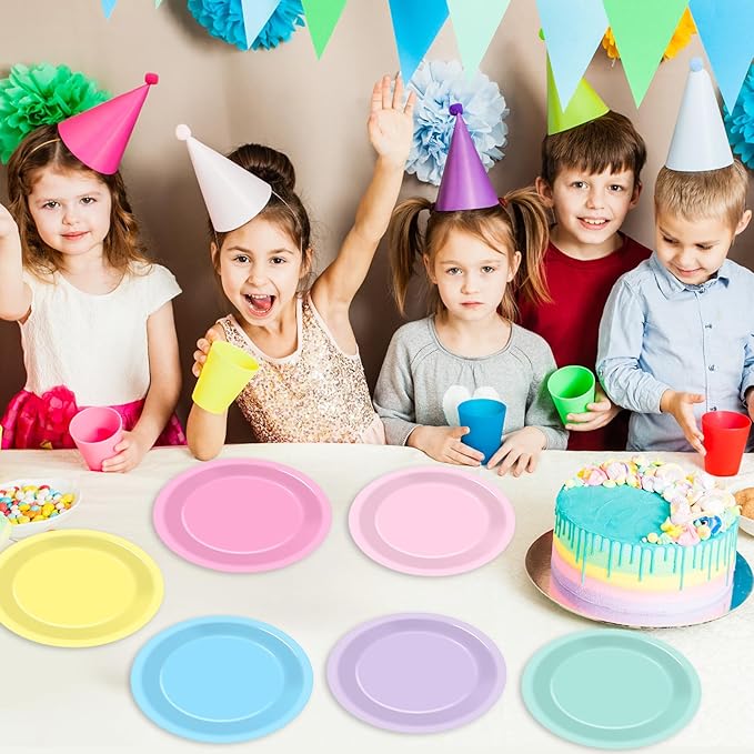 48Pcs Pastel Party Plates Spring Pastel Party Supplies 7" Pastels Paper Plates Disposable Rainbow Parties Decoration for Easter Wedding Colorful Dessert Plate Tableware Birthday Baby Shower Supplies
