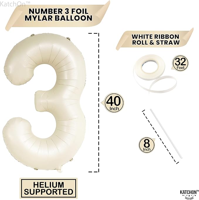 KatchOn, Cream White Number 3 Balloon Neutral - Giant, 40 Inch, Three Balloon | 3 Balloon Number for Young Wild and Three Decorations Girl | 3 Anniversary Decorations