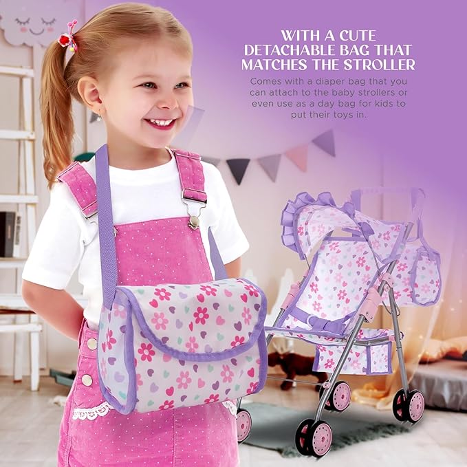 Baby Doll Stroller Bed and Swing Nursery Playset, Baby Doll Accessories Furniture Set Convertible High Chair Diaper Bag Role Play Deluxe Purple Doll Set
