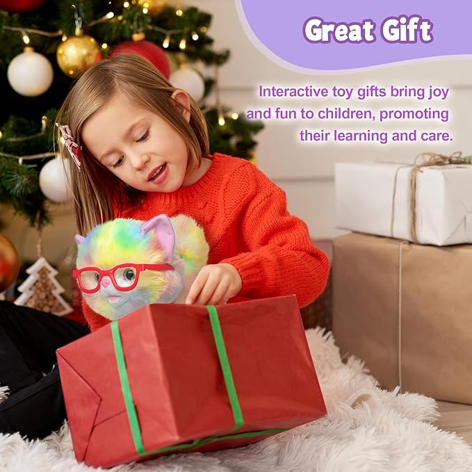 YH YUHUNG Walking Robot Cat Toy for Kids 3+, Remote Leash Controller — Rainbow Plush Kitty That Walks, Meows & Wags Tail, Vet Playset Accessories, Soft Fur, Battery-Powered