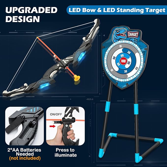 Kids LED Archery Set with Standing Target, 10 Suction Cup Arrows Bow and Arrow for Kids 3-12, Indoor Outdoor Sport Toy for Boys Girls