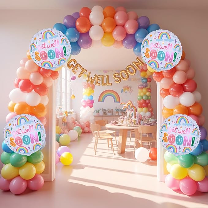18 Inch Get Well Soon Foil Balloons Set, 4pcs Mylar Round Rainbow Balloon with GET WELL SOON Letter Print Helium Balloons for Kids Adults Hospital Recovery Cheer Up Thinking of You Party Decorations