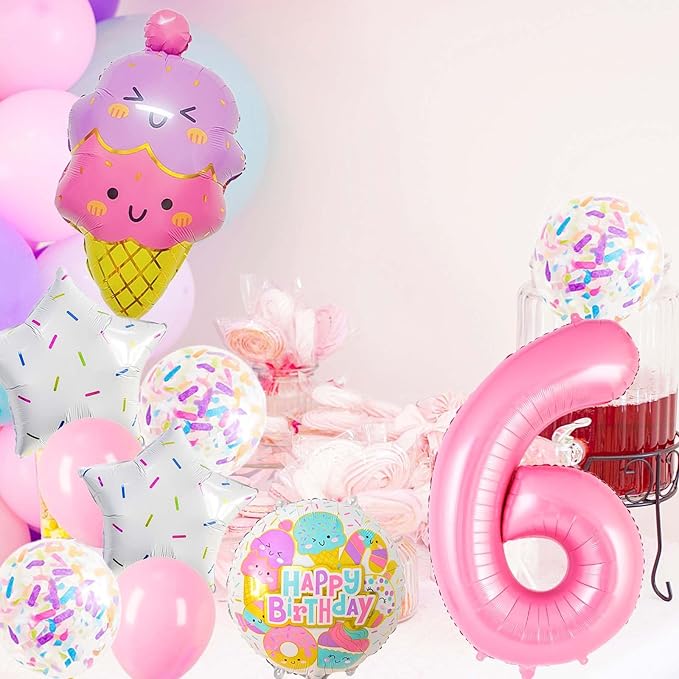 Pink Ice Cream Balloons, Number 6 Balloon, 6 Year Old Girl Birthday Decorations, Ice Cream Balloon for Girls Birthday Party Decoration (6)