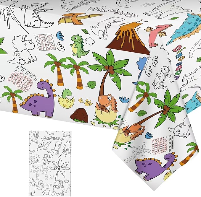 Dinosaur Coloring Tablecloth for Kids - Giant Dino Paper Activity Table Cover, Jumbo Animal Dino World Coloring Games Poster Crafts for Dinosaur Birthday Decorations Party Favors, 54x108 Inch
