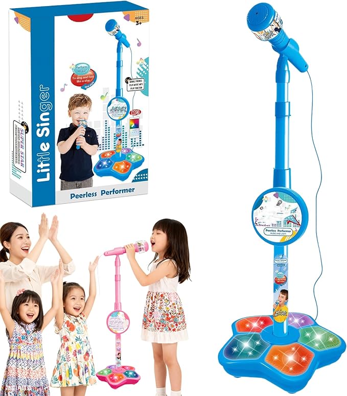 The Multifunctional Microphone Toy, Multi-Functional Microphone Toy with Adjustable Stand, Speakers and Lights, Compatible with Mobile Phones, for Christmas and Birthday (Blue)
