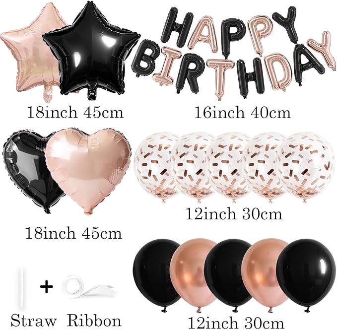 27 Pcs Rose Gold Black Birthday Decorations, 3D Letters Rose Gold Black Happy Birthday Balloon Banner, Pentagram Heart Foil Balloons Confetti Balloons Kit For Boys Girls Party Supplies