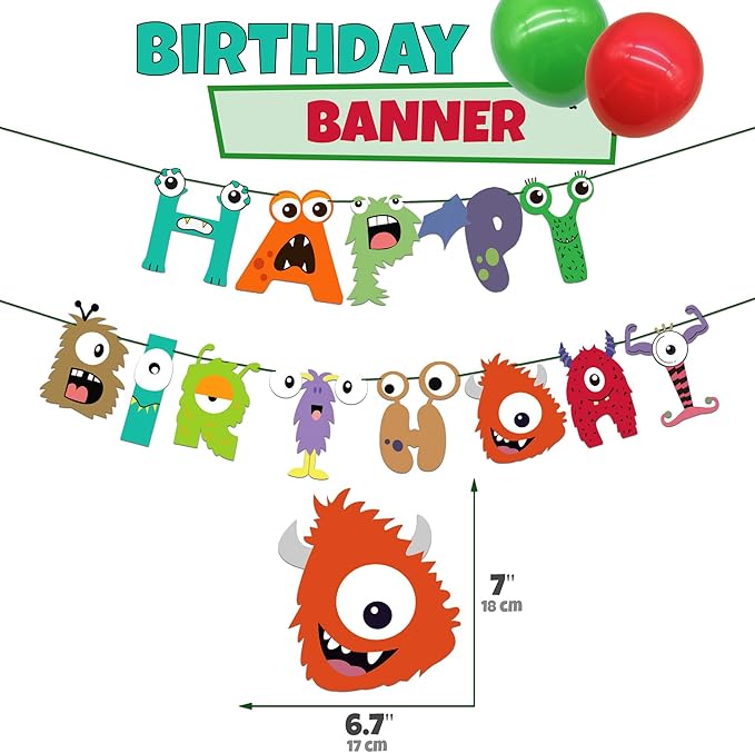Monster Party Supplies, Monster Birthday Decorations - Monster balloons, paper plates, napkins, cups, cupcake & cake toppers, birthday banner, tattoos