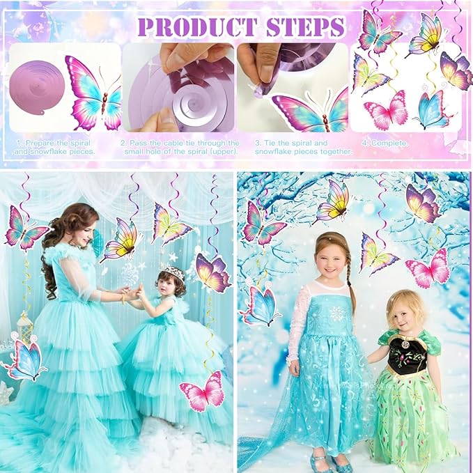 Birthday Decorations Set, Butterfly Happy Birthday Banner Party Supplies with Happy Birthday Banner, Honeycomb Balls, Butterfly Hanging Swirls for Girls Birthday