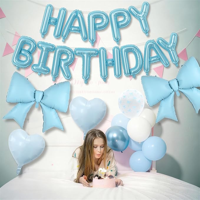 Blue Bow Birthday Decorations Pastel Baby Light Blue Metallic White Bows Print Party Balloon Happy Birthday Banner 38 In Coquette Foil Balloons Heart Balloon for Men Boys Bday Party Supplies