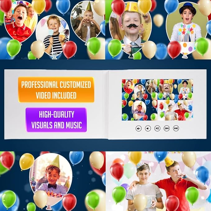 Animated Birthday Video Card for Boys – Upload 16 Photos – Personalized Tech Gift for Kids – 7” Digital Display, 4GB Internal Memory, USB Charger Included