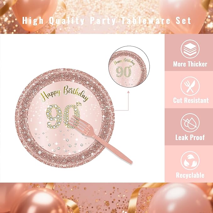 90th Birthday Decorations for Women,61Pcs Rose Gold 90th Birthday Decorations Tableware Include Happy 90th Birthday Plates and Napkins,Tablecloth,Forks,90th Birthday Party Supplies Serve 20
