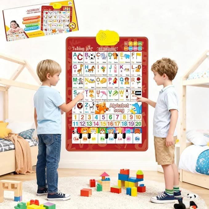 Bilingual Interactive Wall Chart for Kids – English & Spanish ABC Song Poster with Sound Effects, Alphabet, Numbers, Animal Words & Piano for Toddlers 1-6 (Blue-01)