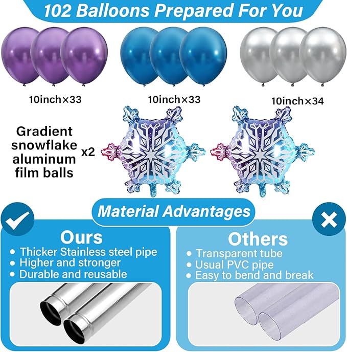 2 Sets Snow Party Balloon Column Stand Kit with 102 Balloons Winter Wonderland 5.57ft Adjustable Balloon Tower Stand with Bases Snowflake Balloons Arch Column for Girl Princess Birthday Party Supplies