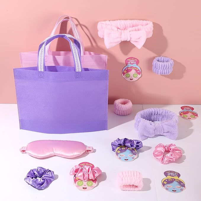 72 Pcs Girls Spa Sleepover Party Supplies With DIY Sticker And Greeting Card Pink Purple Headband Wristbands Eye Mask Hair Scrunchie Tote Bag Sleeping Slumber Party Favor