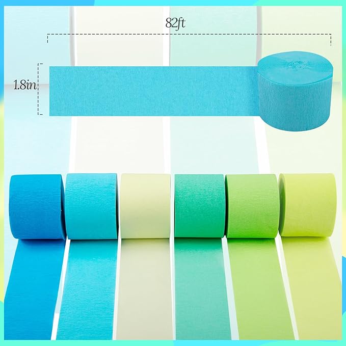Crepe Paper Streamers Party Decorations, 6 Rolls of Blue, Pastel Blue, Green and Lime Party Streamers for Birthday Wedding Baby Shower Party Decorations Supplies