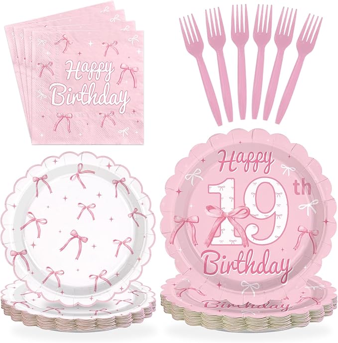 96Pcs Pink Bow Party Supplies Coquette 19th Birthday Party Plates and Napkins Disposable Bow Themed Tableware Set for Girl Happy 19th Birthday Baby Shower Decorations, Serves 24