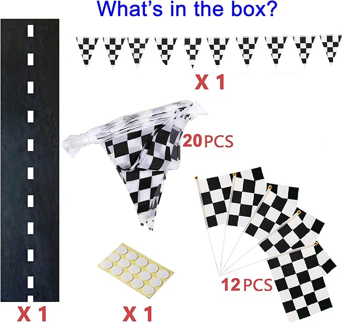 Two Fast Birthday Decro,13ft (2ft Wide)Race Floor Runner(1pc),Racing Checkered Flags (12pcs),16ft Black and White Checkered Banner(1pc),Racing Themed Party Centerpiece Supplies.Two Fast Decorations.Lightning Mcqueen Birthday Decorations