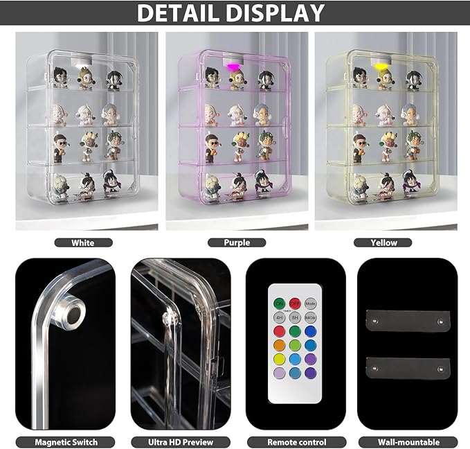 Clear Acrylic Display Case, Figures Display Box Wall Mounted with Lights for Pop Mart Funko Collectibles LEGO Minifigures Mini Action Figurines Mini Toys Pop, 4 Tiers Detachable Desktop Dustproof