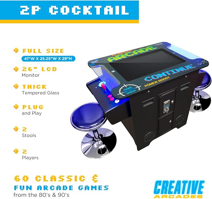 Full-Size Creative Arcades, Commercial Grade Cocktail Arcade Machine, 60 Classic Games, 2 Sanwa Joysticks, Included Stools, 26" Screen, Arcade Riser, 3Year Warranty, Top Square Glass