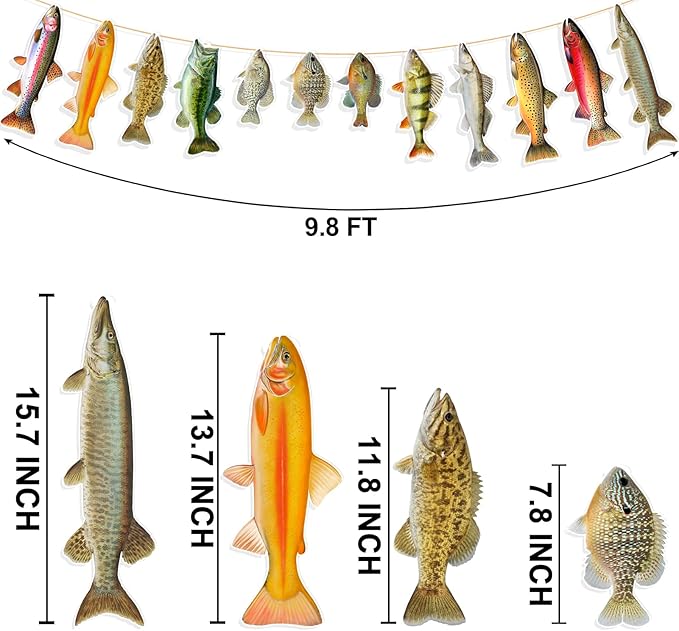 Fishing Birthday Decorations, Gone Fishing Party Supplies Sunfish Trout Bass Fishing Banner for Adults and Kids