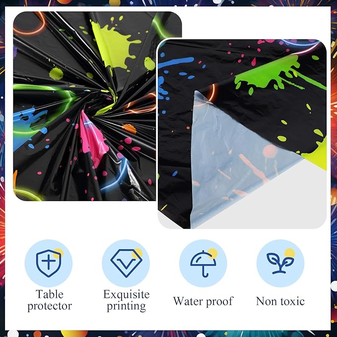 Oudain 12 Pcs Neon Party Table Cloths for Parties 84" Round Disposable Plastic Table Covers for Birthday Baby Shower 80s 90s Party Supplies Decor (Black)