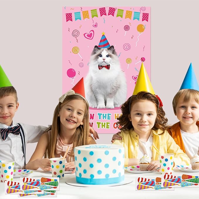 Hooqict Pin The Hat On The Cat Party Game Cat Birthday Party Games for Kids, Cat Birthday Party Supplies Decorations for Girls Boys, Large Pin The Tail Poster with 54 Hat Stickers