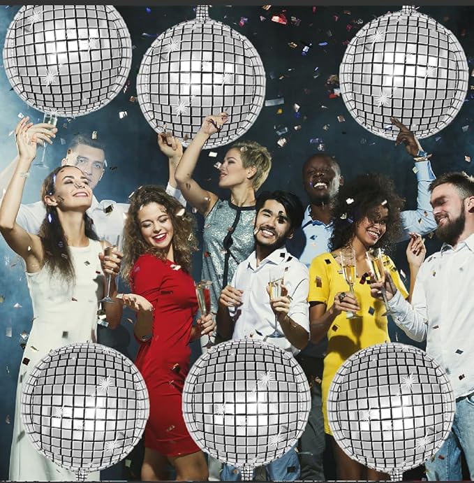 FBQ 22 inch Disco Ball Balloons 6 Pcs Silver Large Disco 4D Round Balloon 70s 80s 90s Theme Dance Party Bachelorette Party Birthday Party Graduation Decorations Supplies