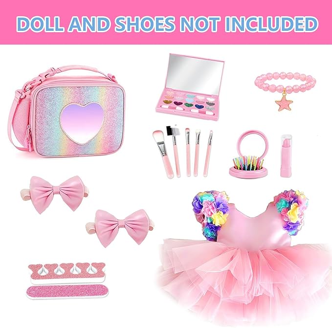 American 18 Inch Doll Clothes and Accessories Makeup Playset Including Fashion Skirt, Bag, Eye Shadow Plate, Lipstick, Comb Mirror, Pair of Hairpins, Makeup Brushes, Bracelet（NO Dolls）