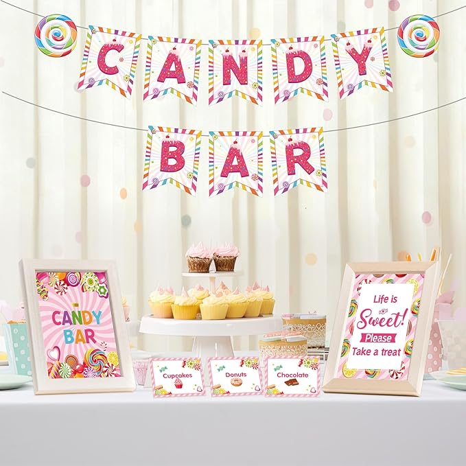 Outus 32 Pcs Christmas Candy Bar Decorations Kit Candy Bar Banner Sweet Candies Peppermint Table Signs Food Labels Tent Cards for Candies Sweet Birthday Baby Shower Wedding Party Decor Supplies