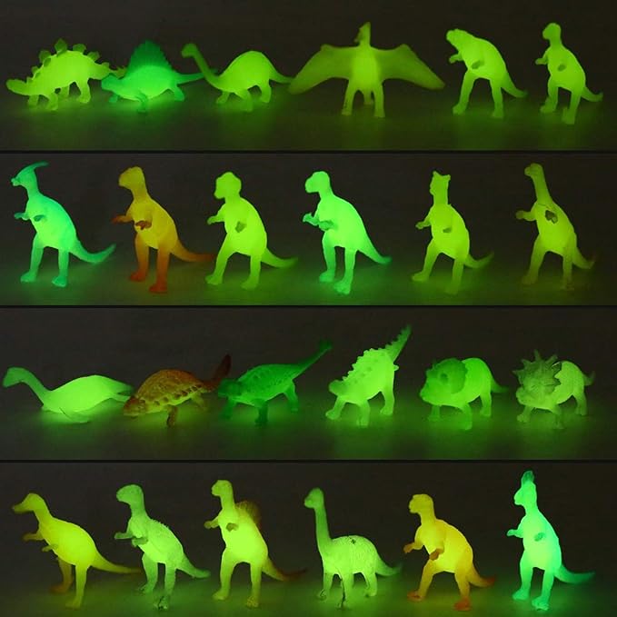 96 Piece Glow in Dark Mini Dinosaur Toy Set(24 Style), Plastic Realistic Dino Figure, Kid Birthday Party Favors Supplies Goody Bag Valentines Day Gift Pinata Stuffers Easter Eggs Easter Basket Filler