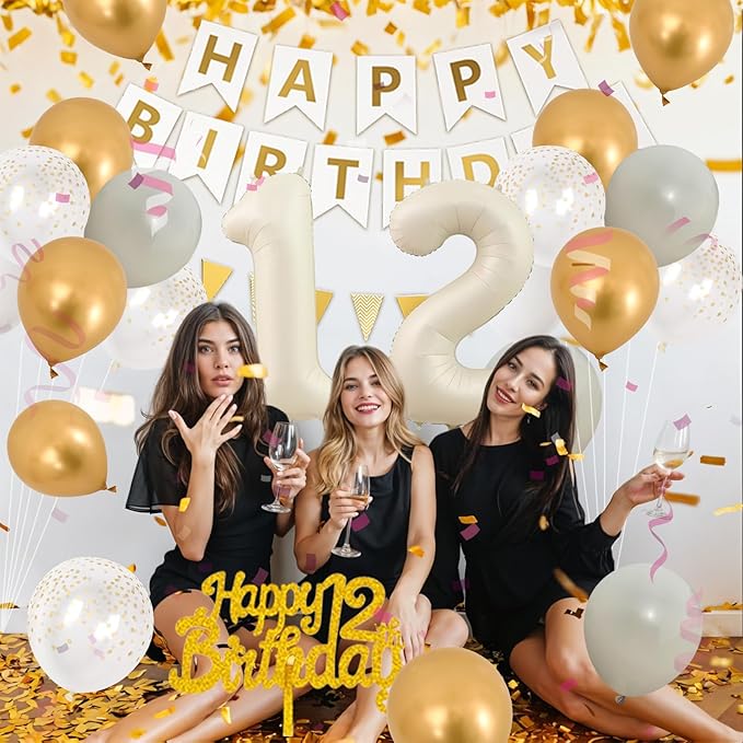 White Gold Birthday Decorations, 12th Happy Birthday Party Decorations With Cream White Number 12 Balloons Beige Latex Balloons Banner Champagne Fringe Curtain Cake Topper For 12th Party Supplies