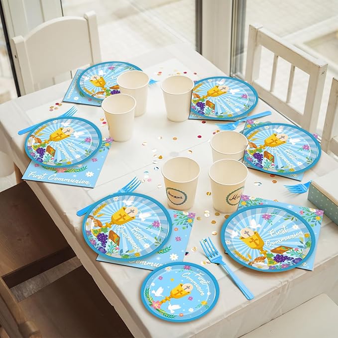 96 Pcs Blue Baptism Plates and Napkins, First Holy Communion Party Decorations Supplies for Boys God Bless Christening Celebration Party Baby Shower Disposable Paper Dinnerware, Serves 24