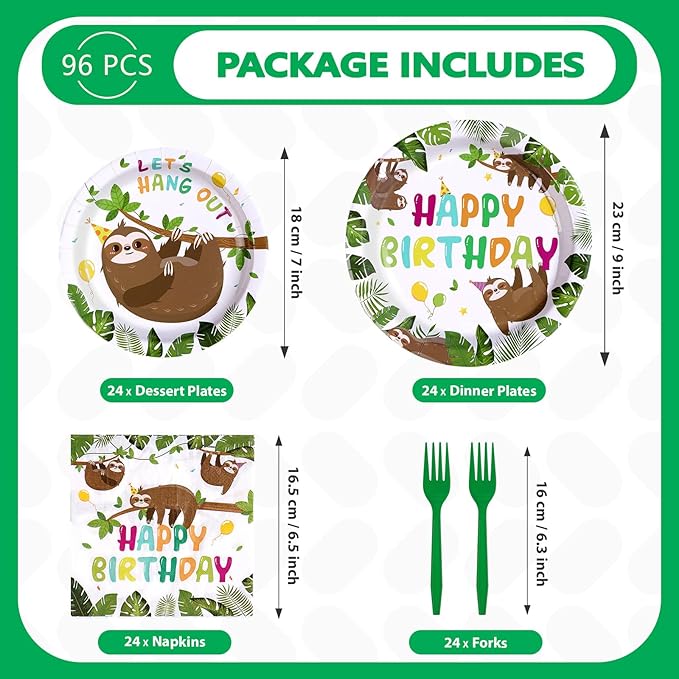 96Pcs Sloth Birthday Party Supplies Hanging Sloth Plates and Napkins Jungle Cute Animal Theme Tableware Set for Kids Girls Boys Animal Theme Birthday Party Supplies，Serves 24