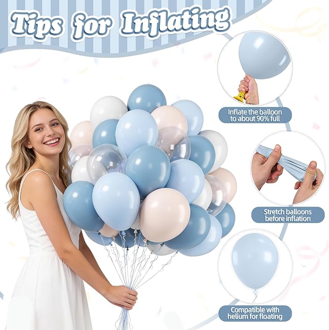 FunHot Dusty Blue Balloons, 50 Pcs Pastel Blue White Latex Balloon, 12 Inch Ivory Transparent Helium Balloons for Boy Baby Shower Men Birthday Graduation Wedding Anniversary Proposal Party Decor