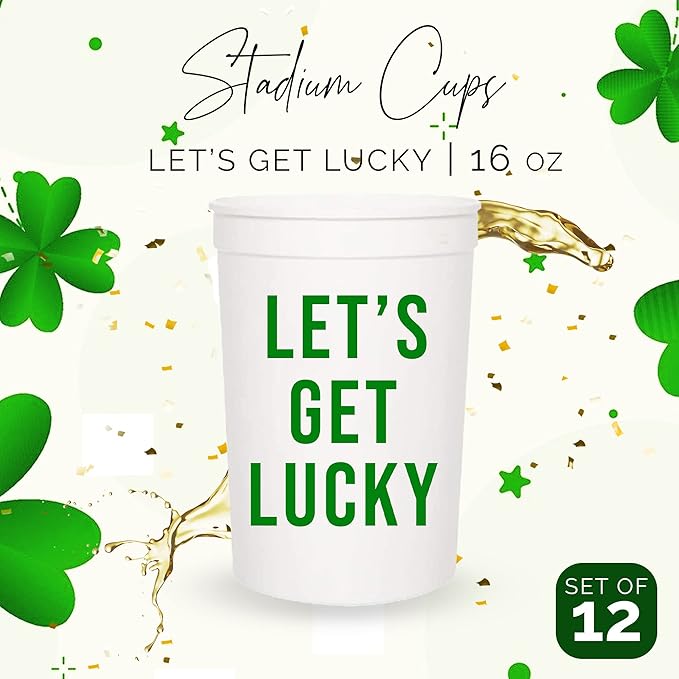 Let's Get Lucky St. Patrick's Day Cups, Set of 12-16oz Plastic Saint Cups for Party Favors and Shamrock-Themed Decorations - St Patricks Day Party Supplies and Drinking Accessories