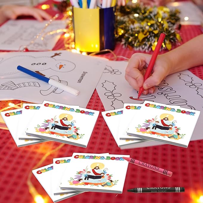 30 Sets 24 Pages Mini Christian Coloring Books with 8 Colors Crayons Bulk, Religious Coloring Books Bible Pages Christian Party Favors Goodie Bag Stuffers Gifts for Activities Church Craft